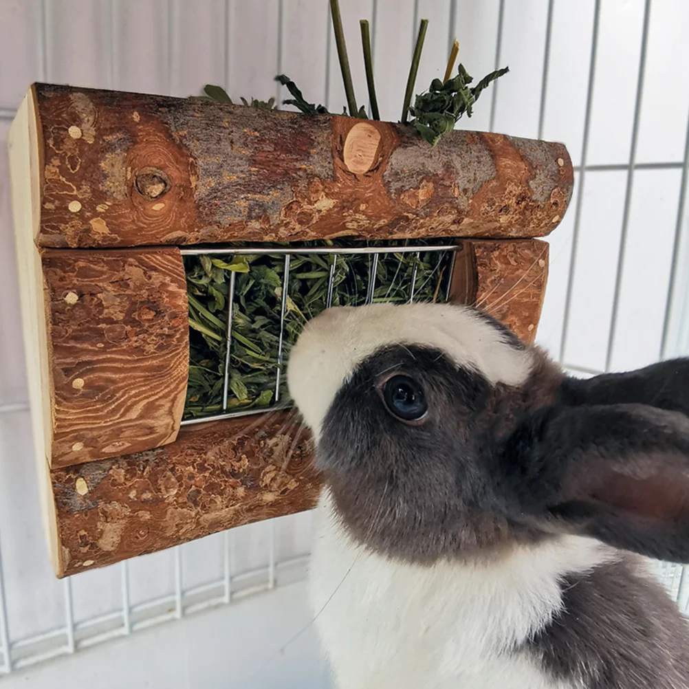 

Natural Wood Bunny Feeder Rack for Chinchilla Rabbit Guinea Pig Feeding Holder Less Waste Small Pet Cage Feeder