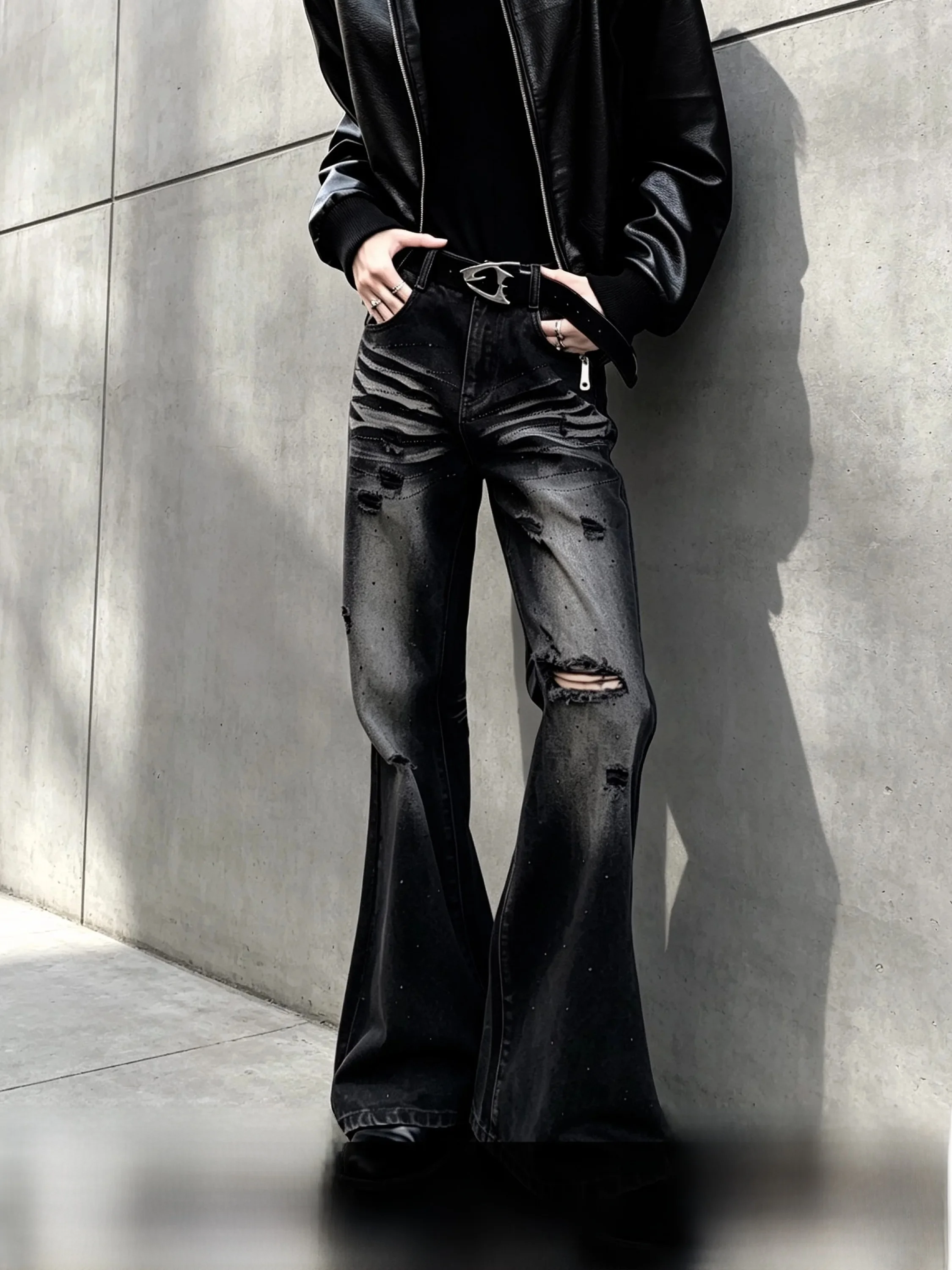 High Waist Men's Black Denim Jeans Washed out Micro Flared Pleated Destructed 's Eye Non-Ironed Treatment Asymmetrical