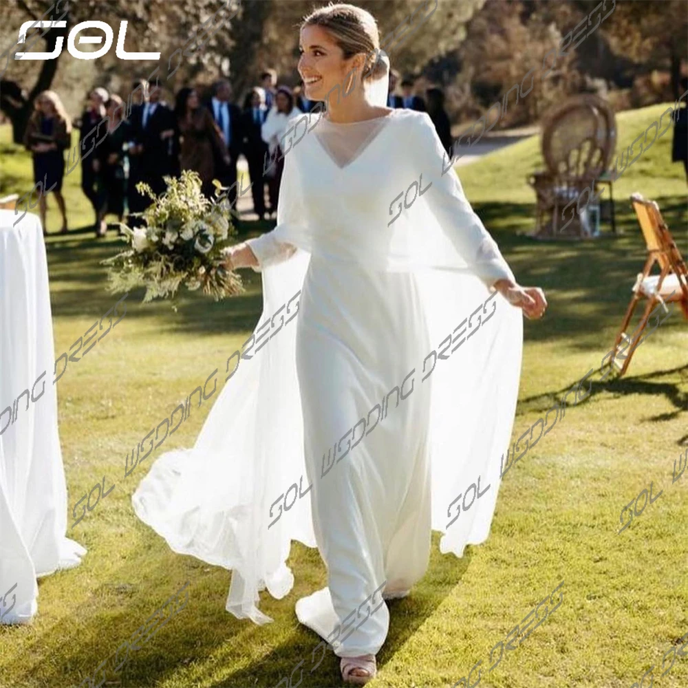 SOL-Robes de mariée à manches longues pour femmes, châle long amovible, col en V, élégant, dos nu, patients A-ligne, quoi que ce soit, éducatif