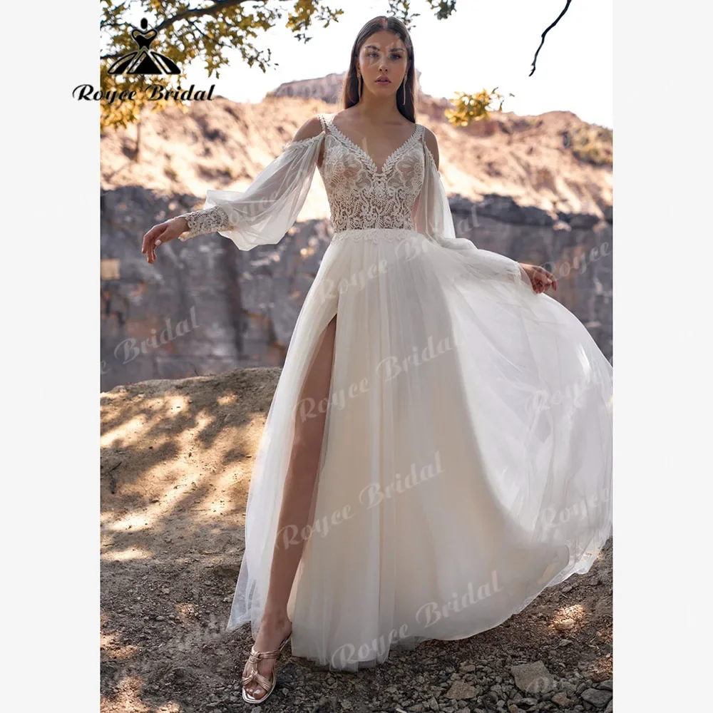فستان زفاف من vestito sposa من الشيفون بوهو دانتيل منتفخ بأكمام طويلة للعروس 2025 بدون أكتاف ثوب زفاف رداء Marriag