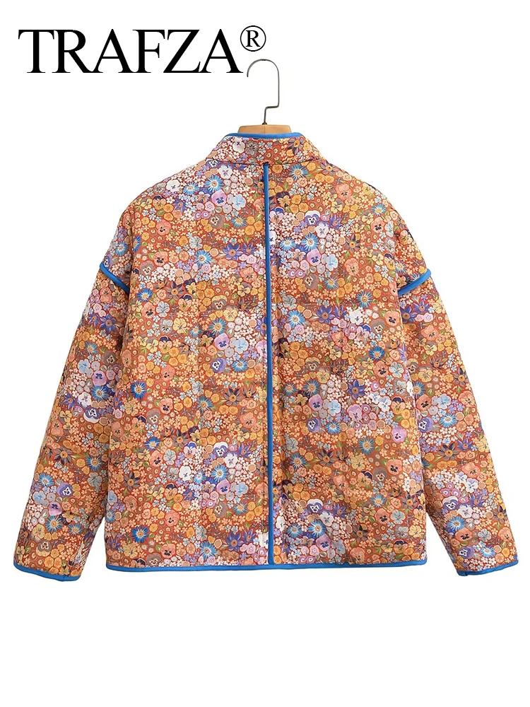 トラフザ-女性の花柄のパッド入りコート,ヴィンテージ,長袖,ルーズ,コットンジャケット,シックで暖かいストリートウェア,ハイファッション,2024