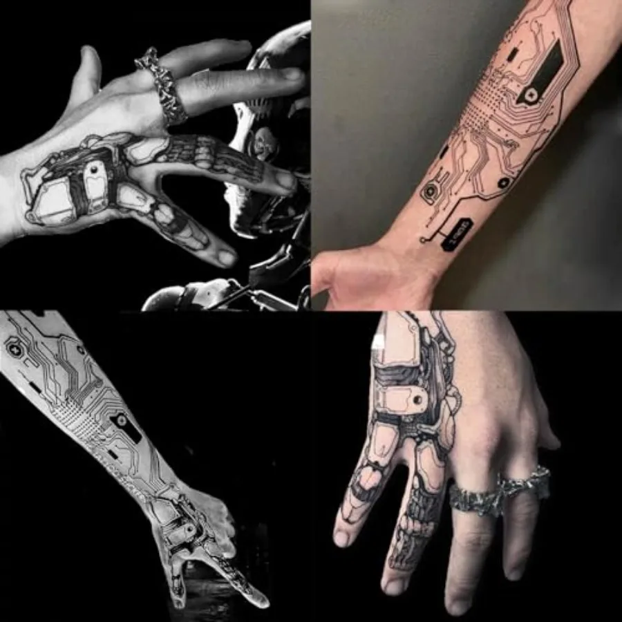 4 Sheets Waterproof Temporary Tattoos Stickers Cyber Punk Artificial Intelligence Mechanical Finger Steampunk Cool Futuristic C