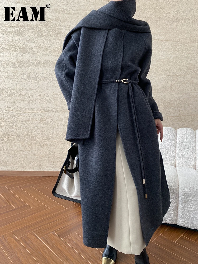 

[EAM] Gray With Scarf Big Size Long Woolen Coat New O-neck Long Sleeve Women Jacket Fashion Tide Autumn Winter 2024 1DH7777