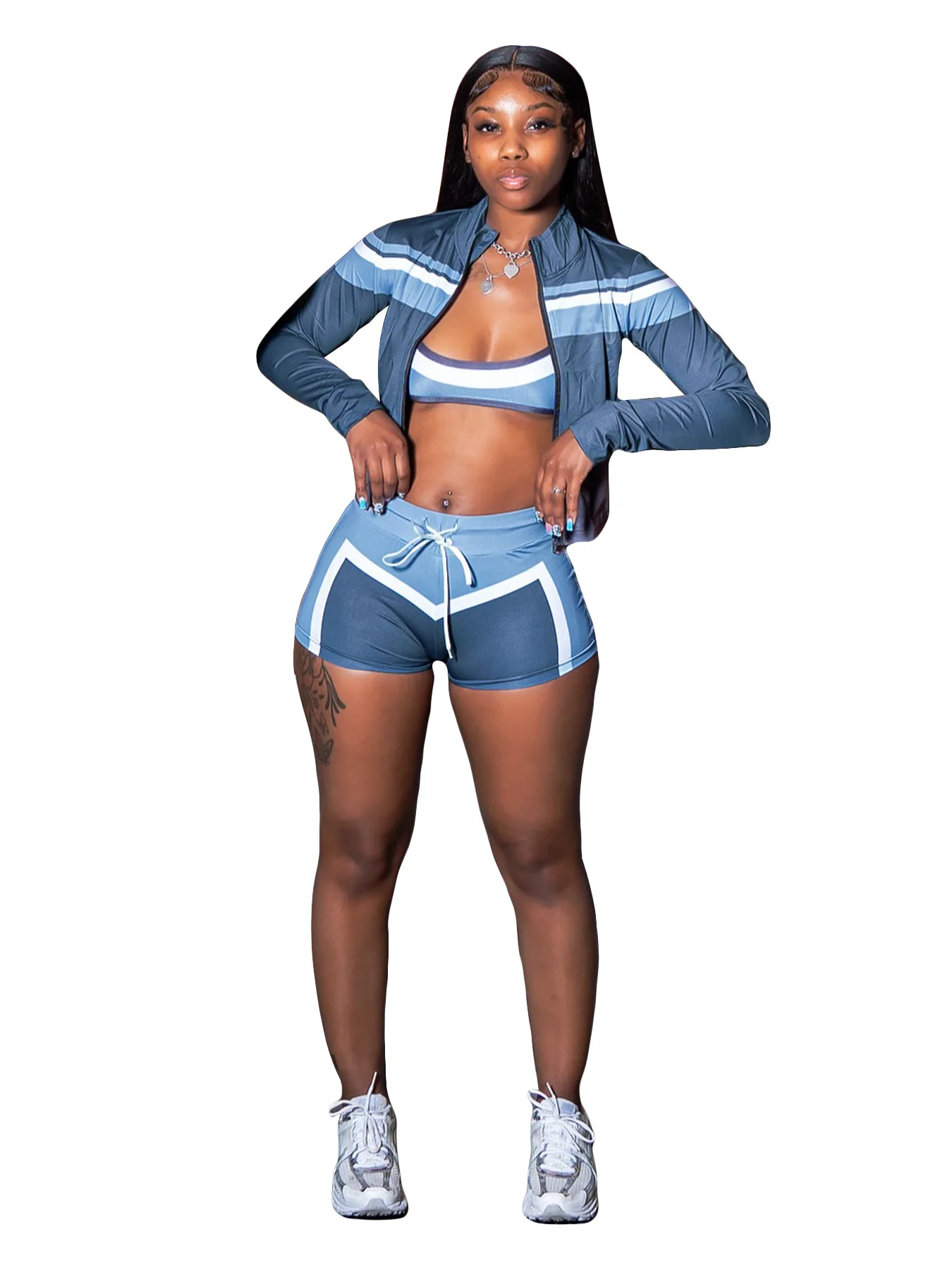 맞춤형 로고 여성 패션 프린팅 긴팔 넥랩 가슴 스트랩 반바지 스포츠 3종 세트