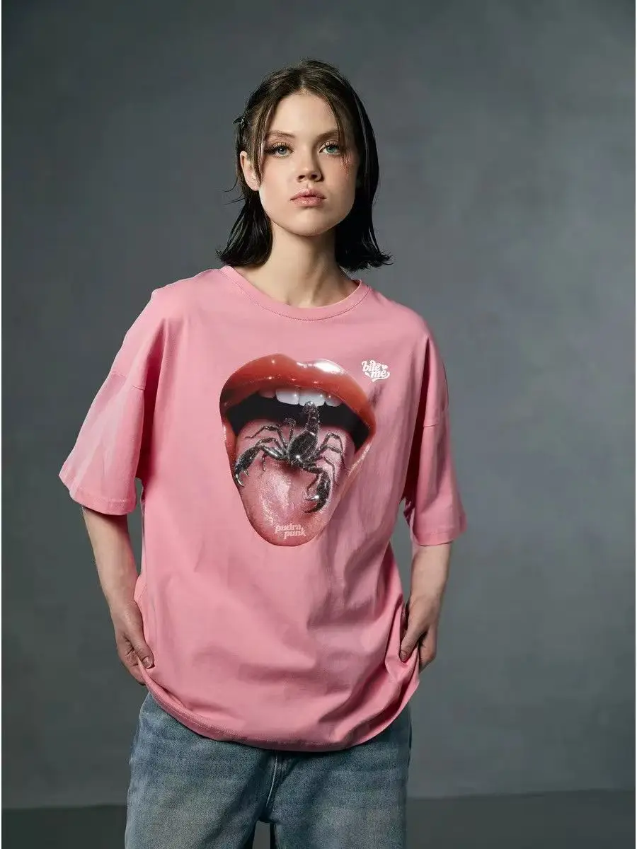 Mouth Containing Scorpions Print Y2K Gothic Punk Style Tshirt Women Short Sleeve Pink Cotton Ins Streetwear T-shirt Female Tops