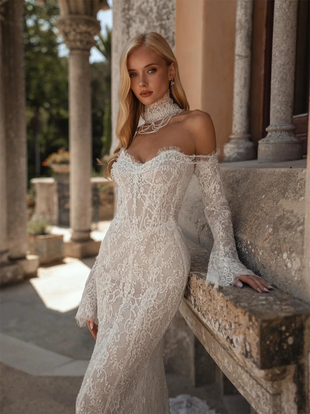 

Customized Soft White Lace Wedding Dress Sexy Sweetheart Long Sleeves Bridal Gowns Boho Mermaid Court Train Vestido De Novia