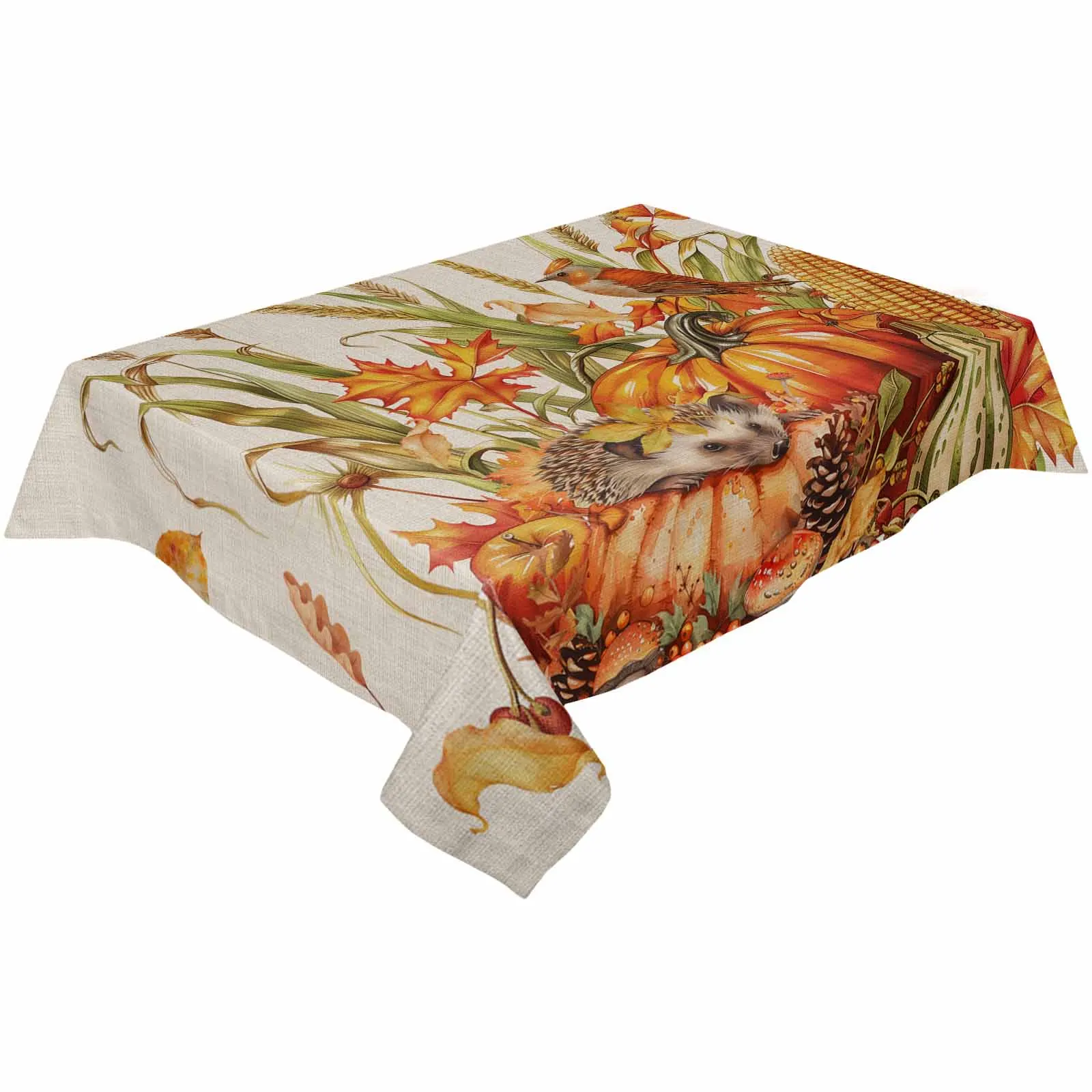 Autumn Pumpkin Wheat Ear Bird Hedgehog Tablecloth Holiday Dining Table Decor Table Cover Rectangular Wedding Decor Tablecloth