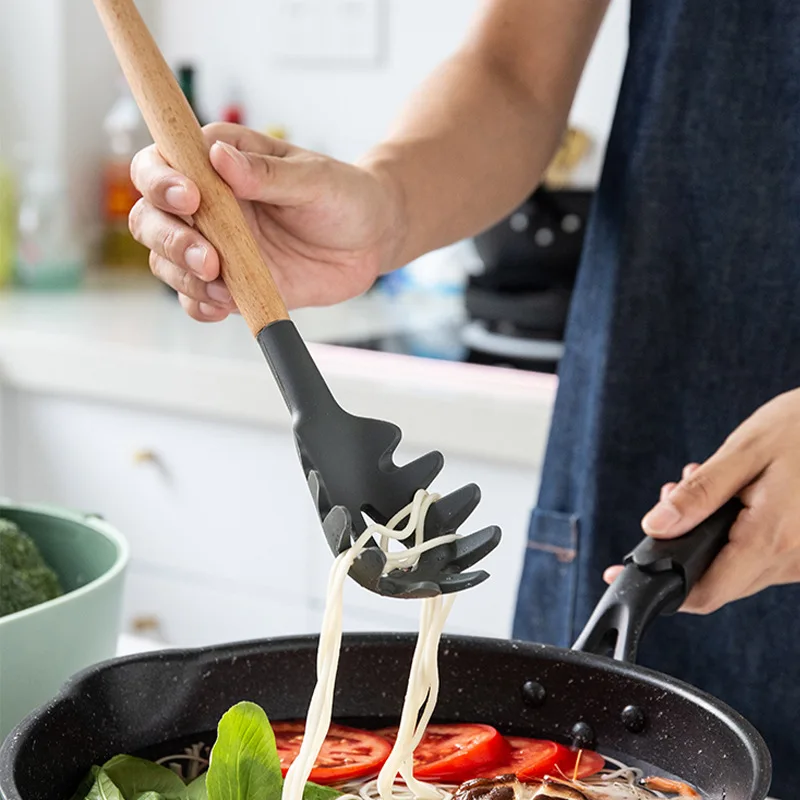 Room wooden handle silicone spaghetti pasta fishing household kitchen utensils non-stick pan powder grasping tool