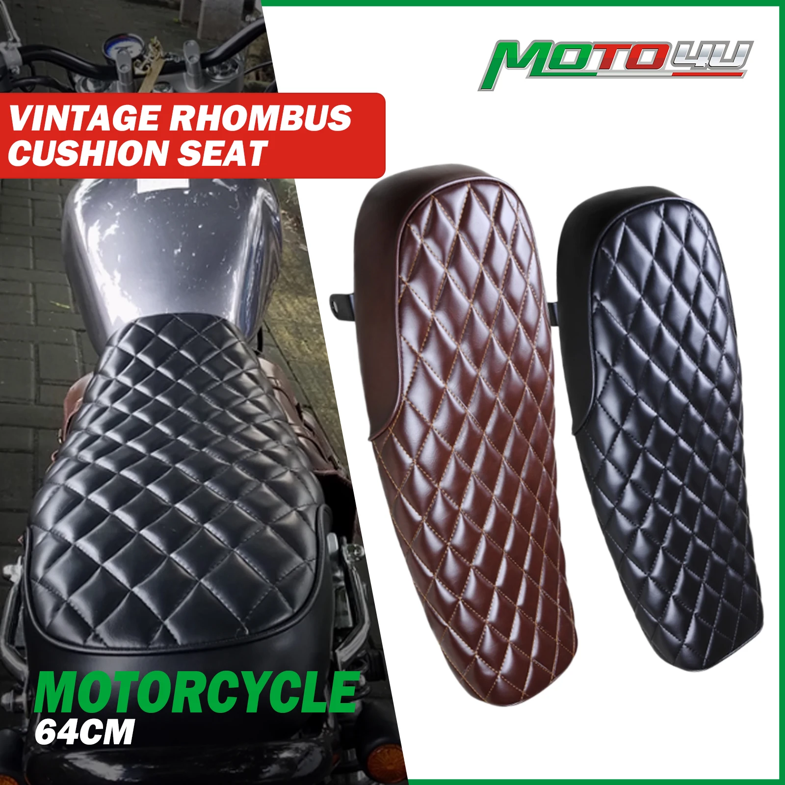 

Retro Seat 64CM Universal Motorcycle PU Leather Modified Cushion Cafe Racer Vintage Gel Flat Cushion Seat Saddle Diamond lattice