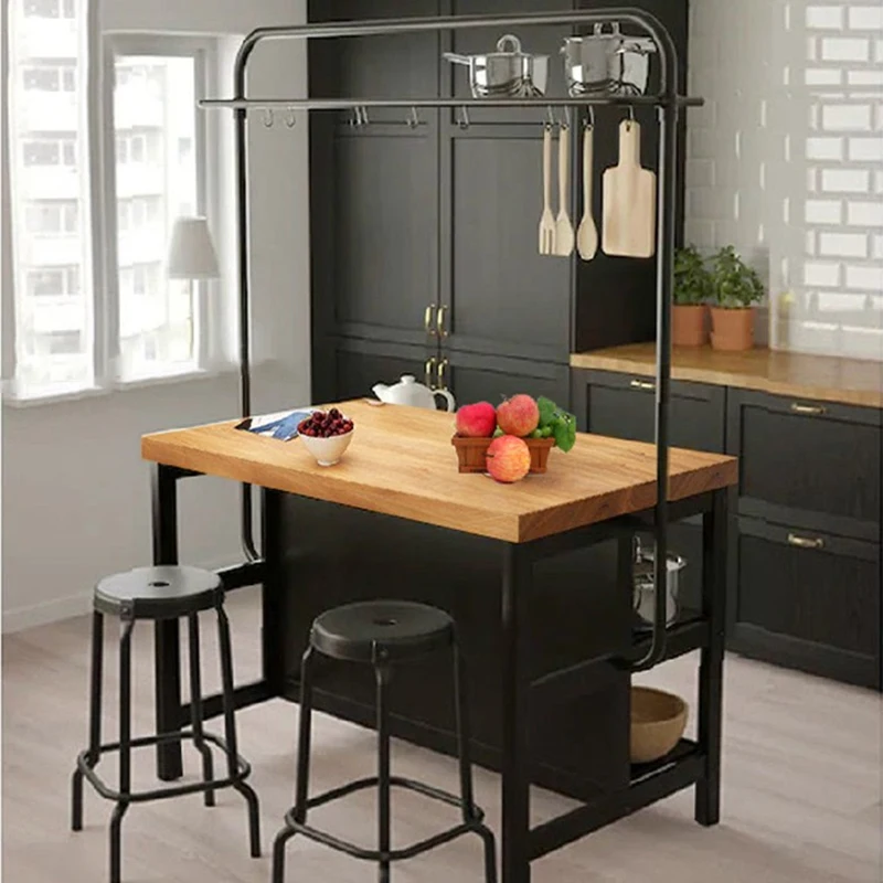 Open kitchen, middle island, separate removable cooking table, bar table, integrated wrought iron solid wood dining side