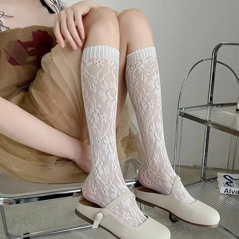 Calcetines largos con estampado de flores de encaje para mujer, lencería Sexy, malla de rejilla, calcetín Alto hasta la rodilla, medias de pantorrilla transparentes finas, Lolita Kawaii, Verano