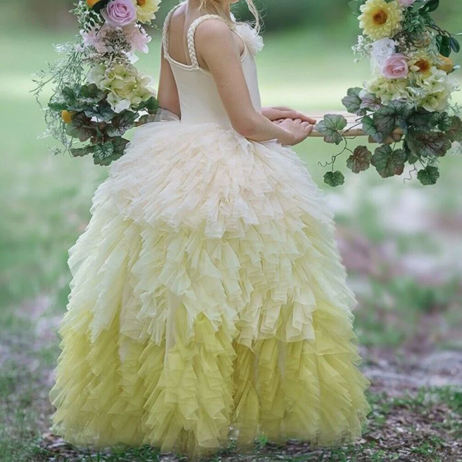 Gaun Perempuan Bunga Gaun Pernikahan Tulle Applique Gradien Kuning Lipatan Sling Gaun Bola Gaun Komuni Pertama untuk Pesta Kontes Anak-anak