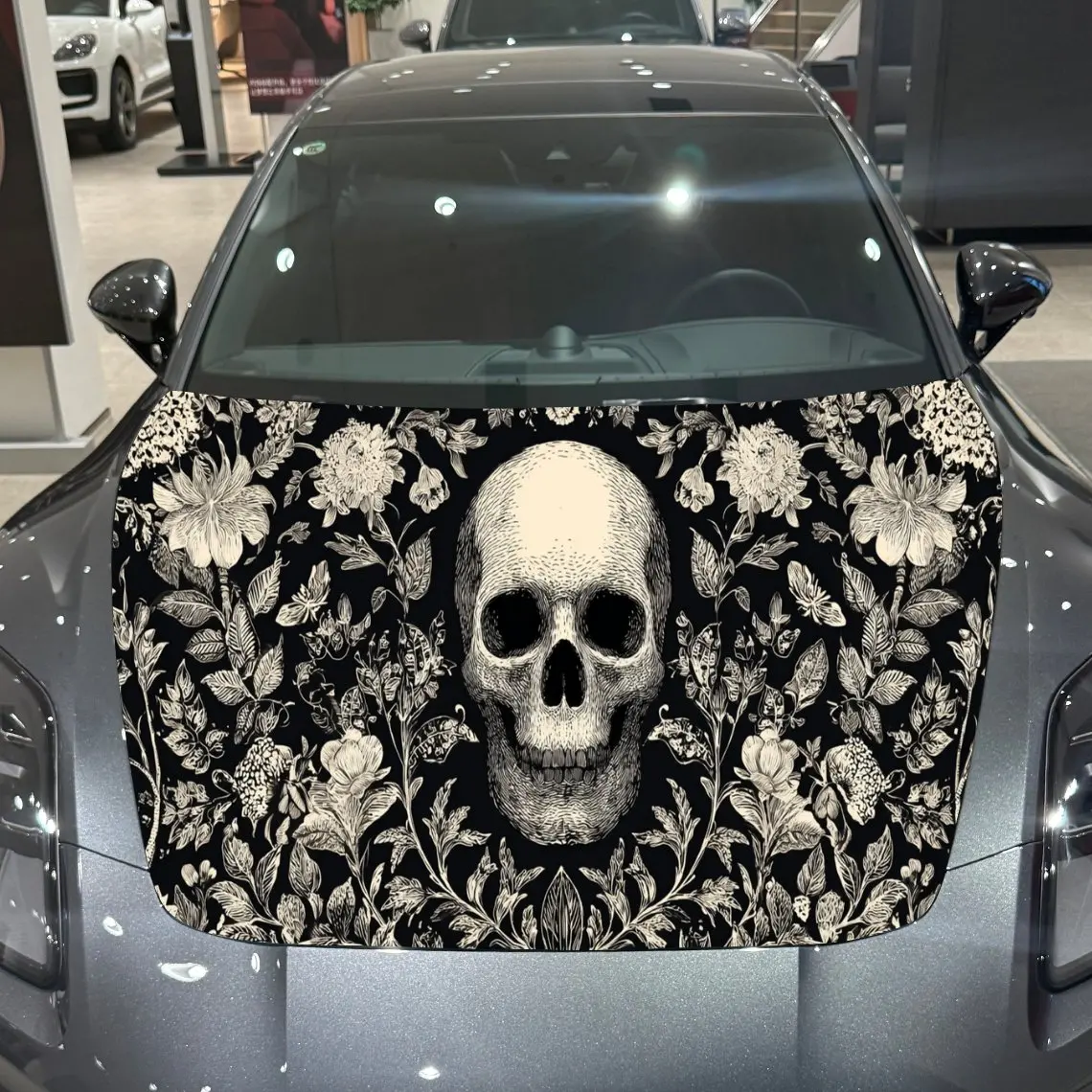 Car Decal Skull with Floral Artistic Background & Mystic-Vintage Gothic Macabre Aesthetic Car Hood Sticker, Waterproof Self - Ad
