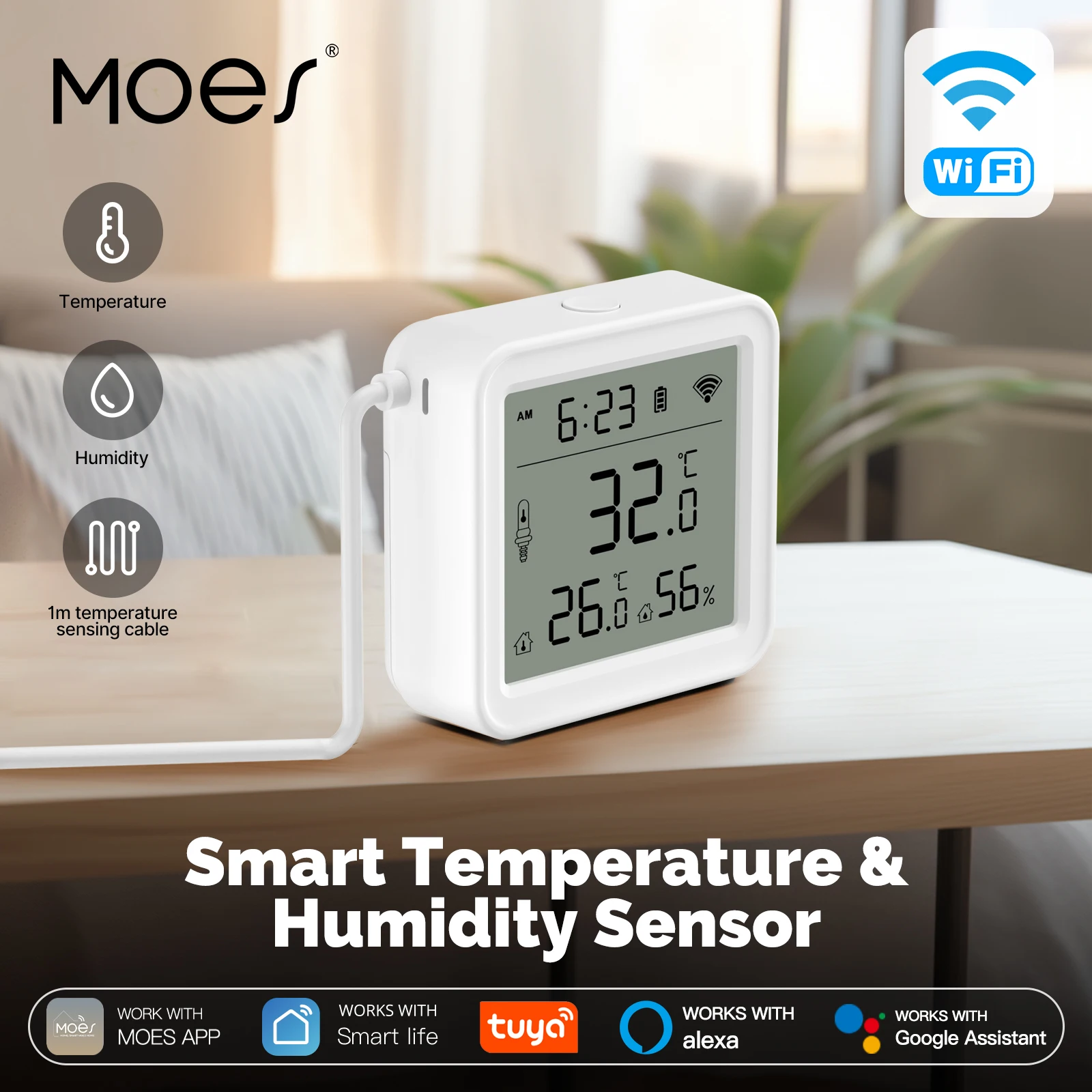 

MOES Tuya WiFi Smart Temperature Humidity Sensor 1M External Sensor Cable Probe App Remote Monitor Work With Alexa Google Home