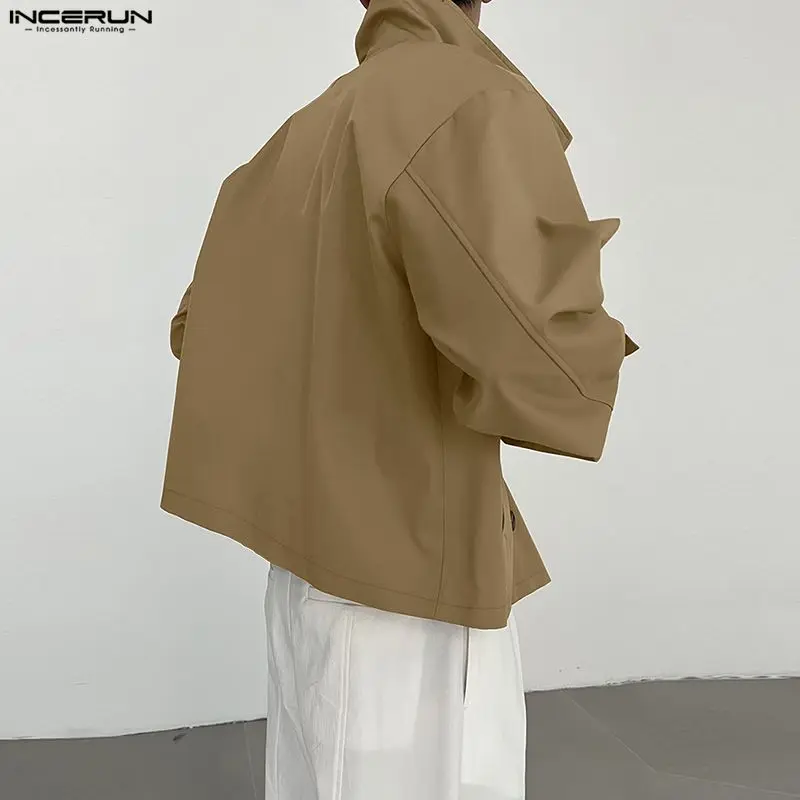 INCERUN 남성 트렌치 솔리드 스탠드 칼라 긴 소매 더블 브레스티드 남성 코트 스트리트웨어 루즈 패션 캐주얼 크롭 윈드브레이커