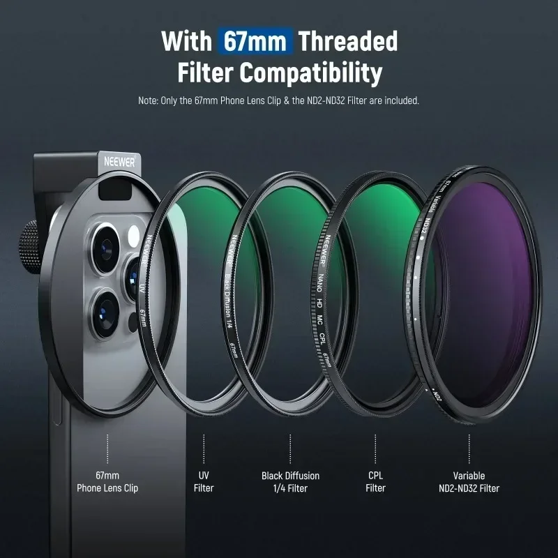 

67mm Clip On Variable ND2-ND32 Phone Lens Filter Kit, Phone Clip with Threaded Adapter Ring/Cold Shoe/Locking Knob