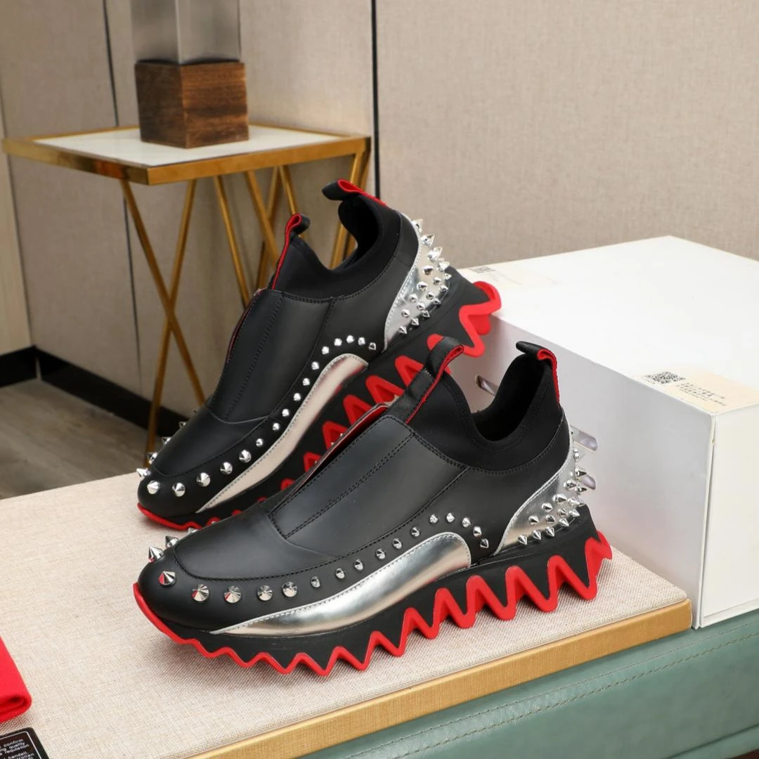 

Luxury Red Bottom Cl Shoes Fashion Design Rivets Male Sneakers Red Black Mixed-color Serrated Shape Casual Sports Trainers