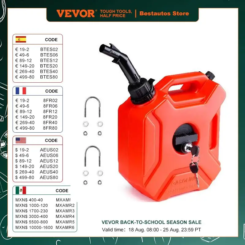 VEVOR 10L Red Fuel Tank Petrol Cans Gas Barrels Can Spare Water Container with Spout Adjustable Flow Rate for Motorcycle SUV