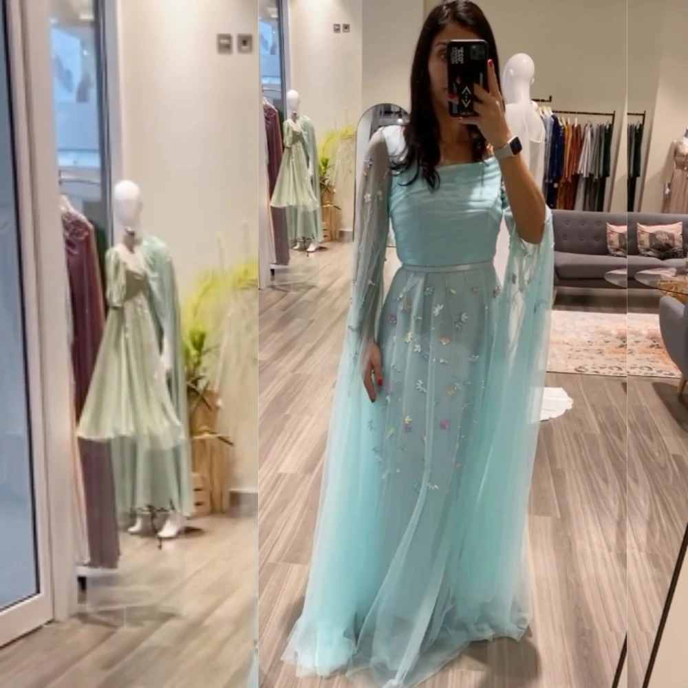 

Customized Saudi Arabia Tulle Applique Celebrity A-line Square Neck Bespoke Occasion Gown Long es