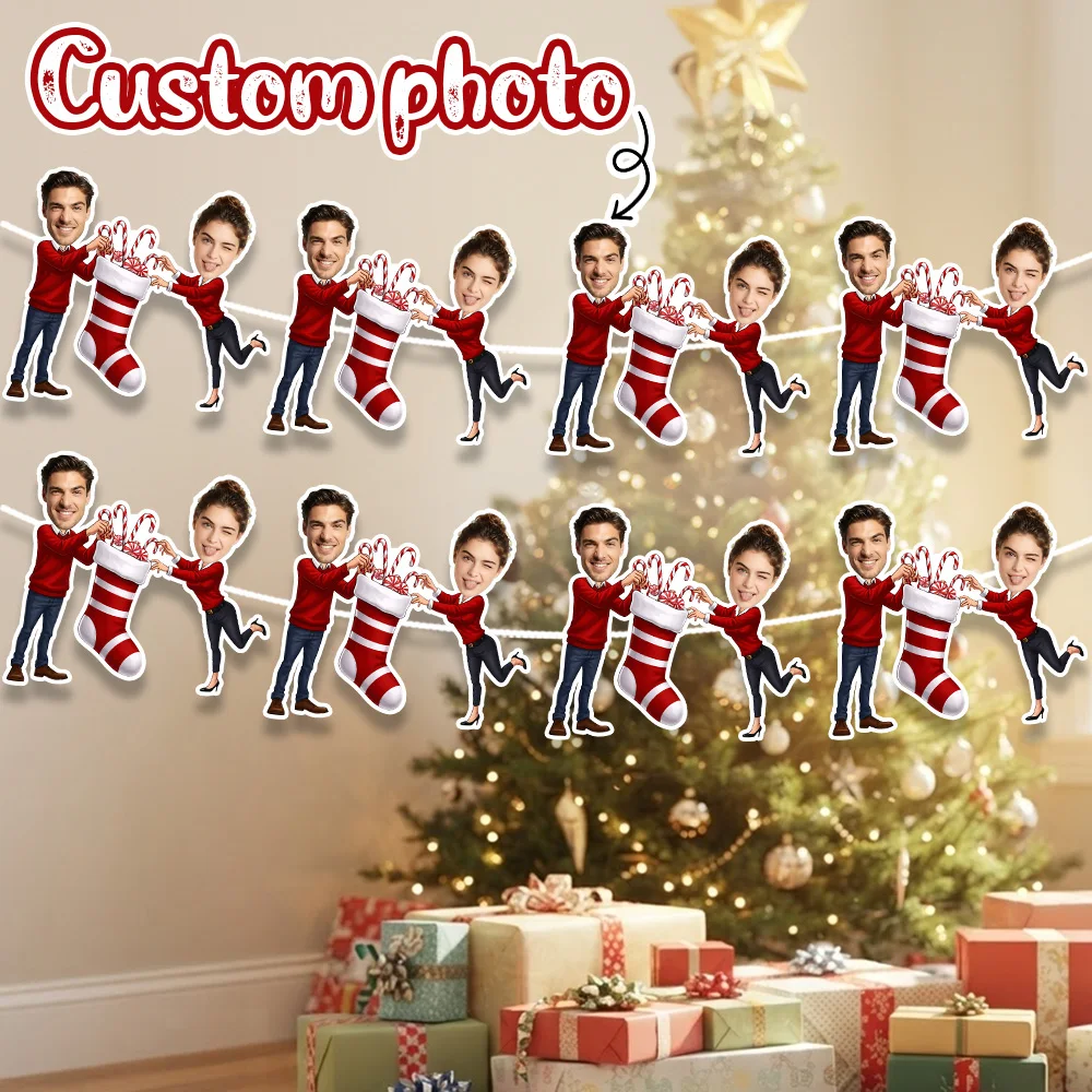 8/16/24PC Custom Photo Christmas Stocking Couple Garland, Personalized Portrait Bunting Flag, Xmas Party Home Hanging Decoration