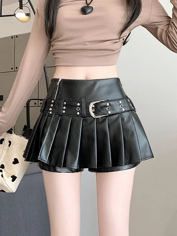 Black PU Leather  Skirt Women's High Waist A-Line Pleated Anti-Light Slimming Skirt Autumn Winter New Style Half-length S...