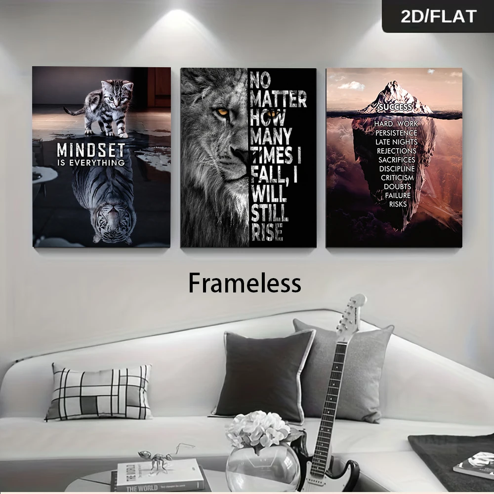 3PCS Large-sized frameless canvas paintings,1 set of inspirational triptych cat and tiger reflection lion transmission never giv