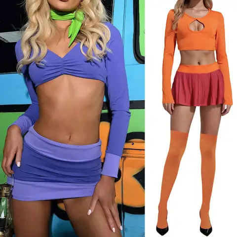 2026Fashion Halloween Velma and Daphne Costume Women Long Sleeve V Neck Crop Top Mini Skirt with Stockings/Scarf Cosplay Outfits