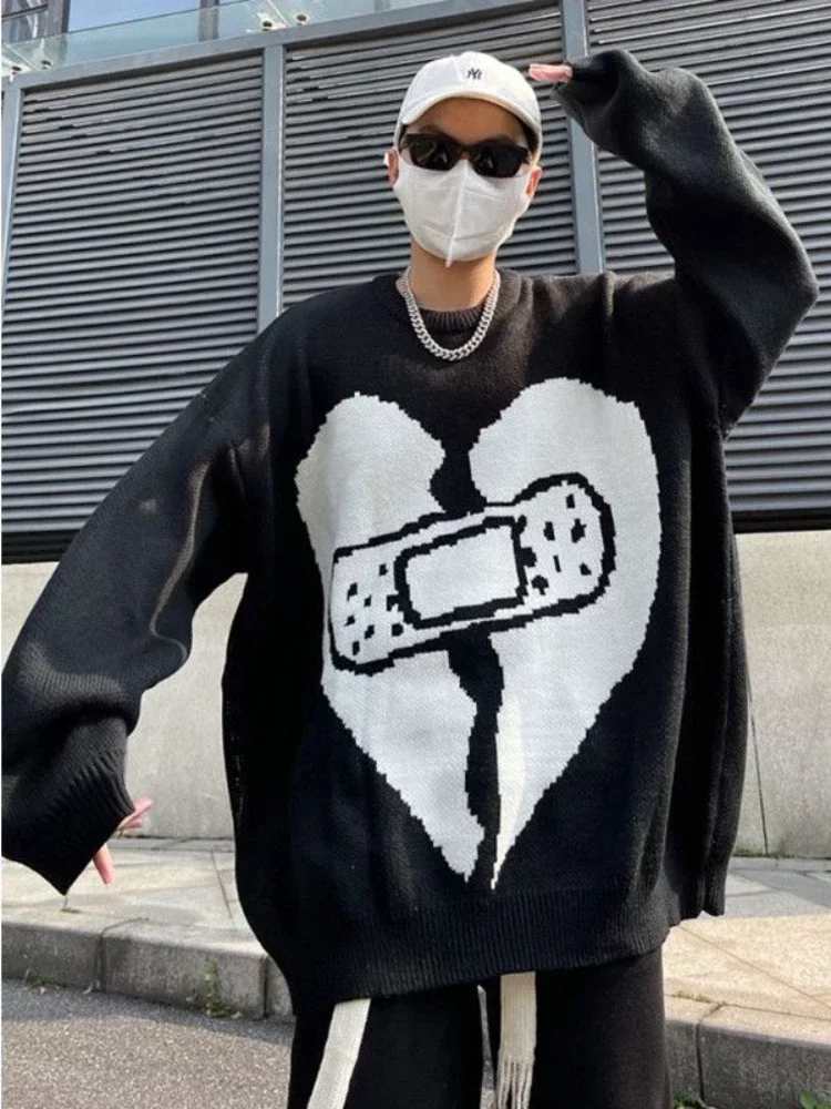 Man Clothes Heart Graphic Pullovers Hippie Knitted Sweaters for Men Black Plus Size Over Fit Knit Wool Spring Autumn Sheap Cheap