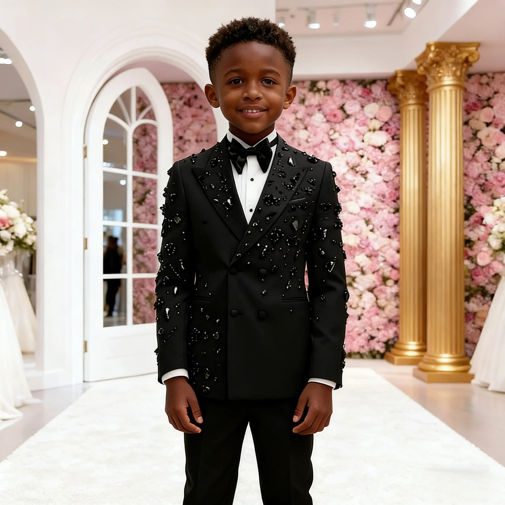 Luxury Suits For Boy Black Crystal Beaded Prom Blazers Customized 2 Pieces Double Breasted Kids Formal Party Wedding Tuxedos