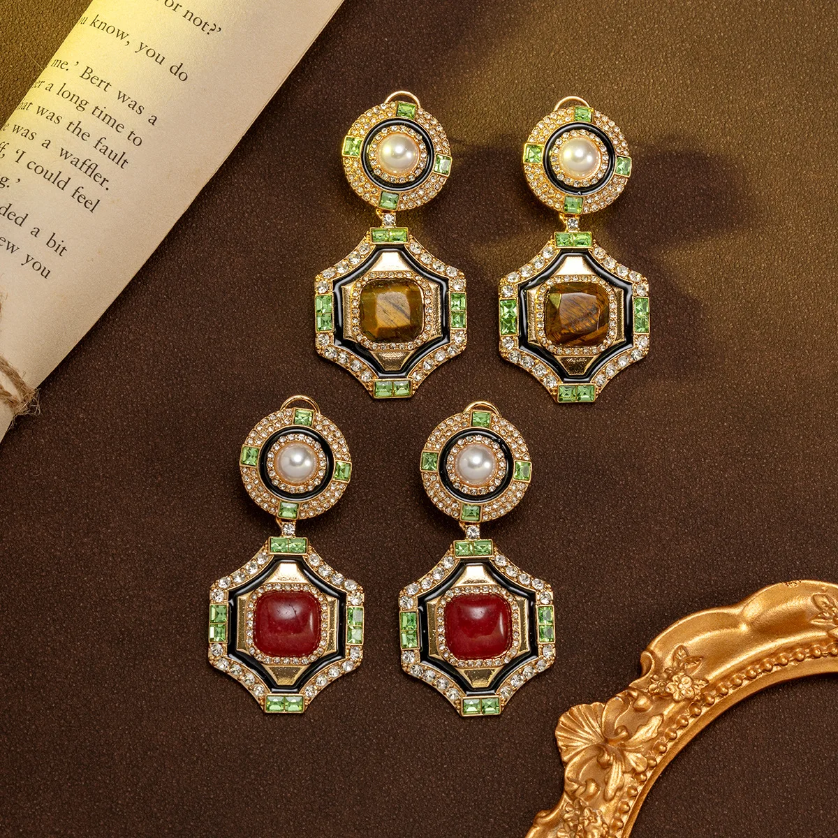 vintage palace style full diamond inlaid pearl earrings retro temperament geometric  personalized earrings medieval jewelry