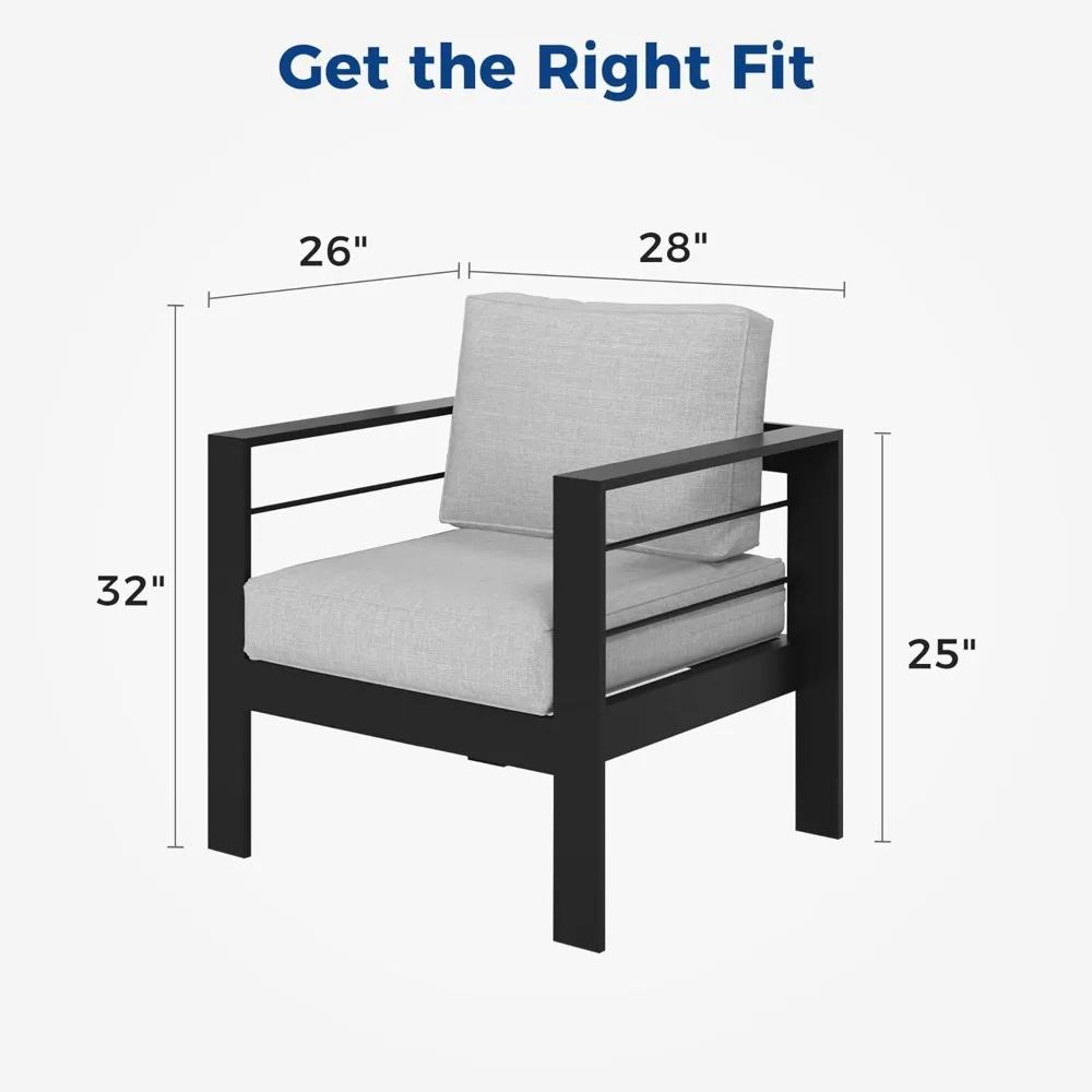 2 Pieces Patio Furniture Aluminum Armchair, All-Weather Outdoor Single Sofa, Black Metal Chair with Light Grey Cushions