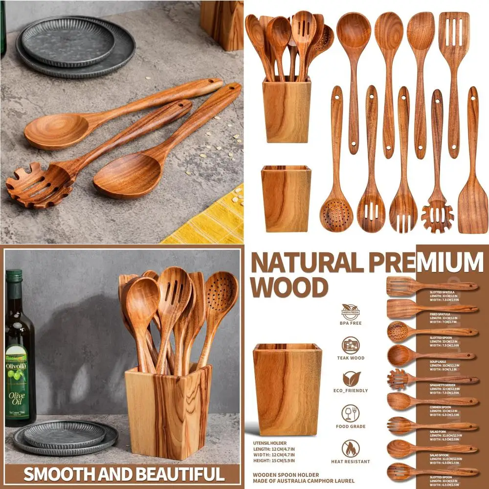 

Набор кухонных принадлежностей из тикового дерева, 9 предметов, с держателем, длина 13 длин, изготовлен из австралийской камфорной лавровой древесины