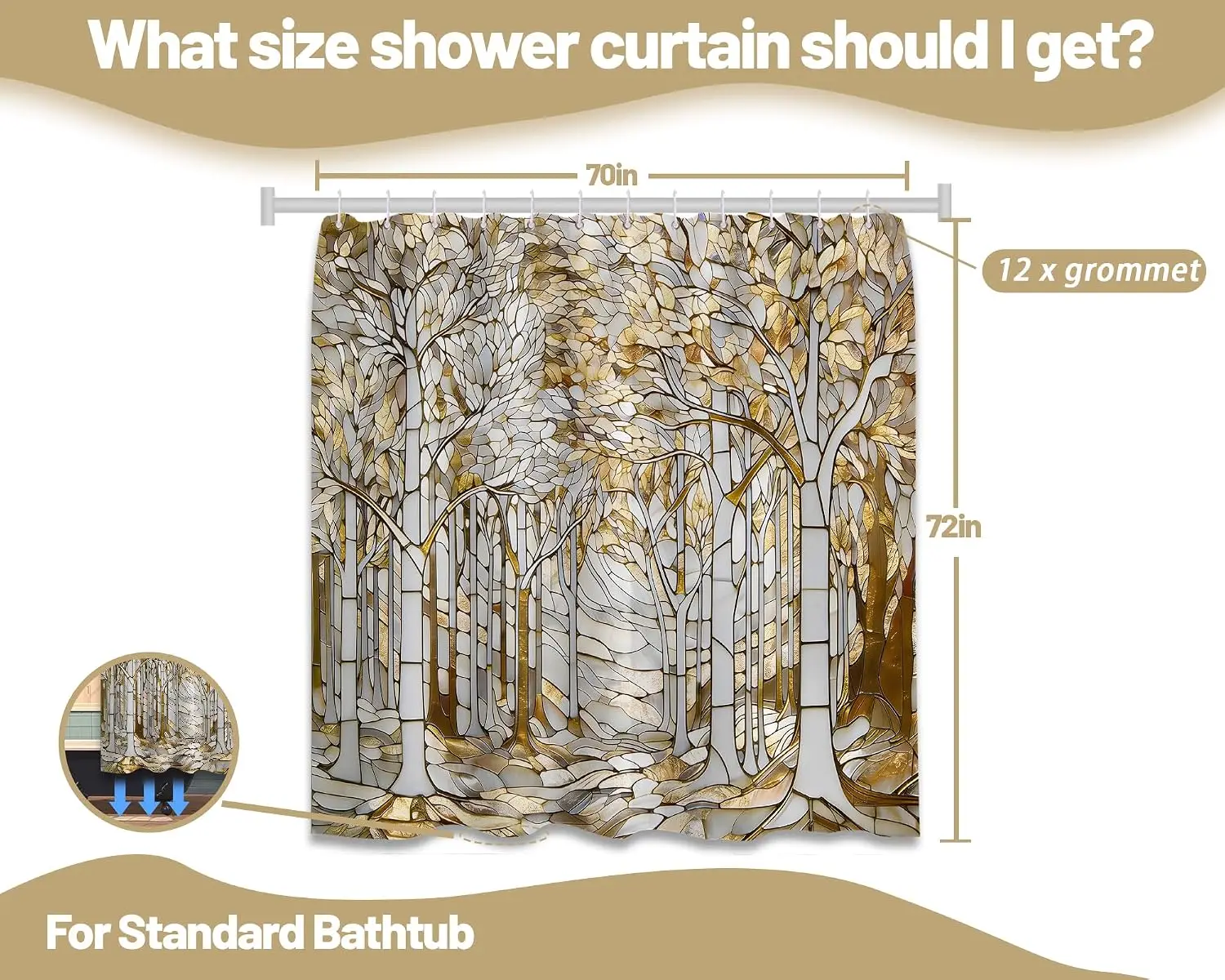 Luxury Gold Leaf Nature Abstract Forest Shower Curtain Premium Bathroom Decor Panel Wallpaper Style Curtain