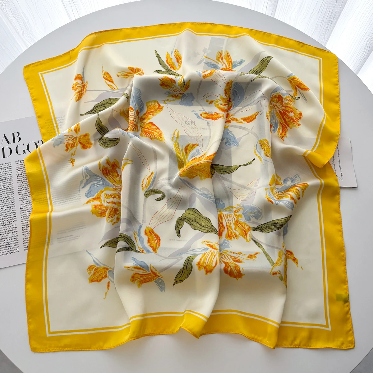 Luxury Silk Square Scarves For Women Soft Stain Neck Scarf Bag Ribbon Headband Shawl Neckerchief Bandanas Yellow Floral Warp view 2