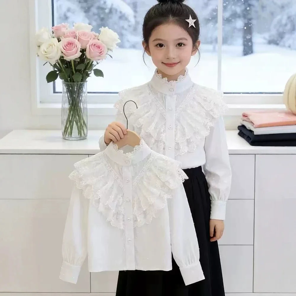 Children's Shirt Pure Cotton Long Sleeved Spring and Autumn Style Student Shirt Lace Top Shirt All-match