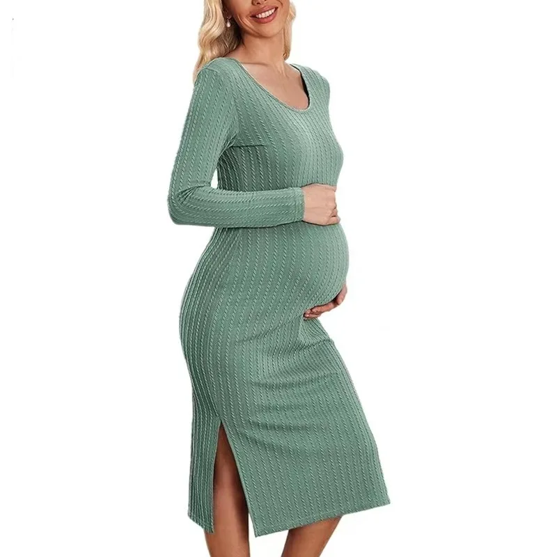 Pregnant Women Ribbed Knit Bodycon Dress Autumn Winter Maternity Long Sleeve Side Split Slim Fit Casual Pregnancy Midi Dresses