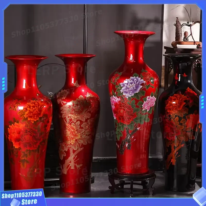 Large Hand Painted Ceramic Floor Vase Red Chinese Floral Design Home Decor Living Room Ornament Traditional Art Piece Red