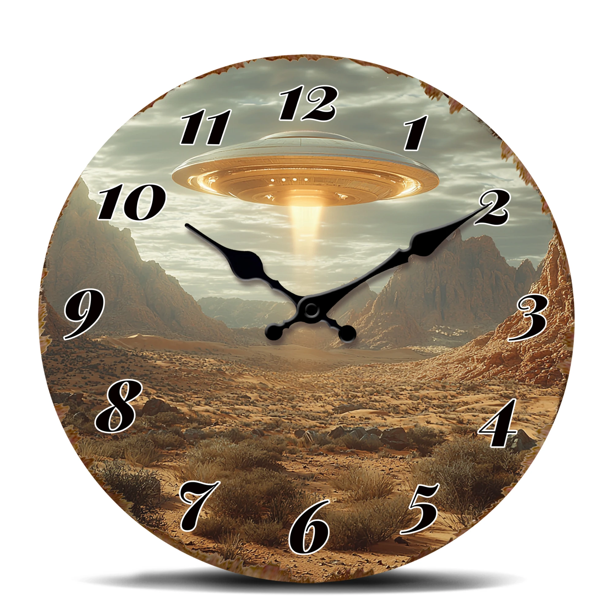 UFO Hovering Over Desert Wall Clock - Sci-Fi Landscape Design - Silent Non-Ticking Fantasy Round Timepiece