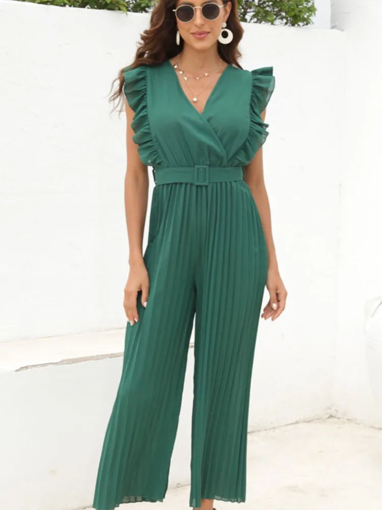 夏エレガントな新ジャンプスーツファッション V ネックワイドレッグパンツ女性のための固体フリルノースリーブ婦人服ジャンプスーツ
