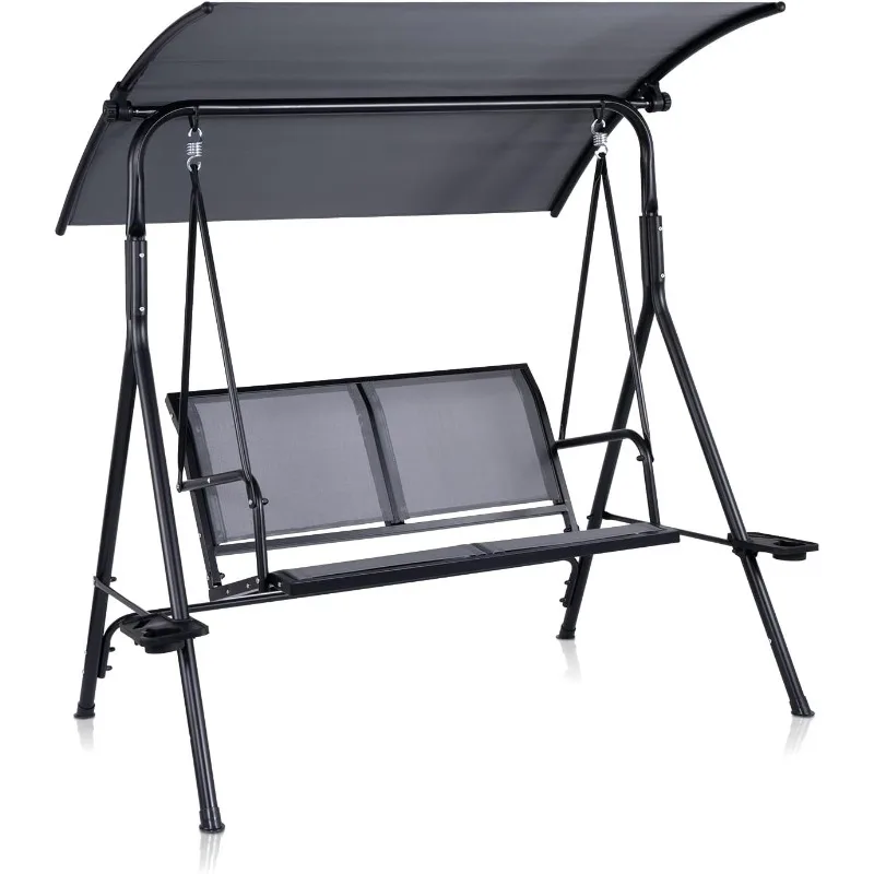 

2 Person Patio Swing with Grey Sling Fabric and Black Metal Frame - 450 lbs Weight Capacity