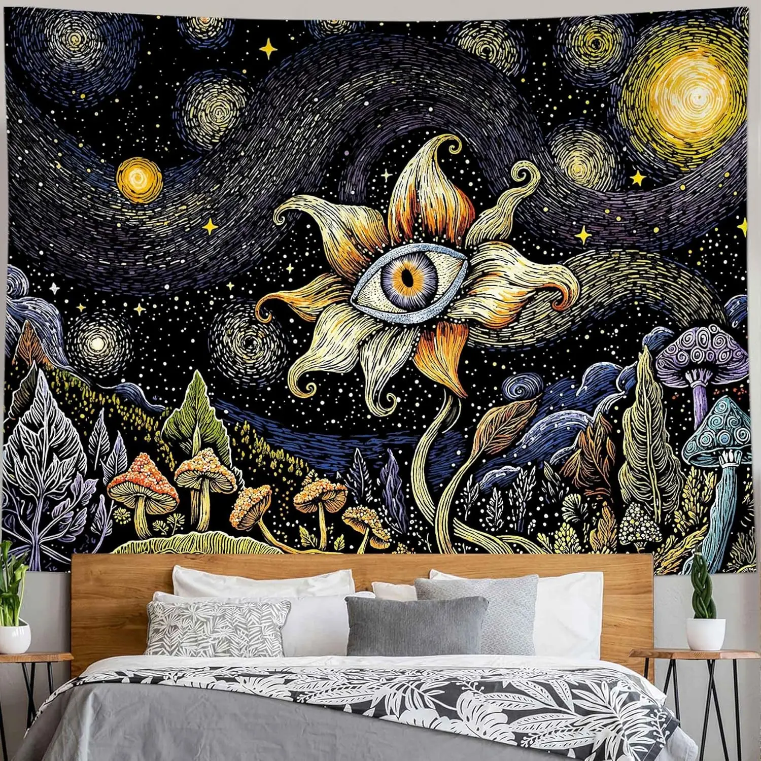 Tapestry Cosmic Flower Tapestries Mushroom Landscape Wall Hanging Starry Night Visionary Botanical Art Decor Bedroom Dormitory