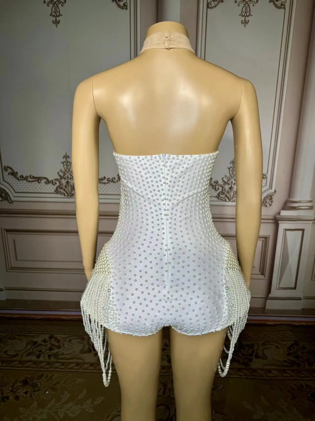 

Luxury Pearls Beading Sexy Halter Backless Bodysuit Evening Party Performance Costume Bar Nightclub Singer Dancer Stage Wear