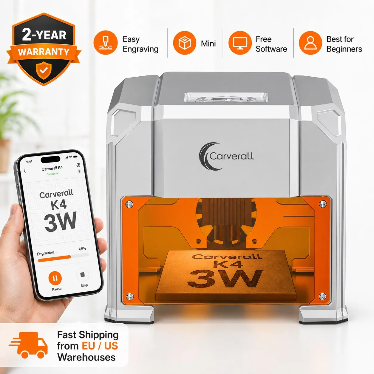 Carverall K4 Mini Tragbare Lasergravurmaschine - Gravurwerkzeug für Bemalte Hundemarken, Papier, Leder, Holz und Kunststoff-Logos