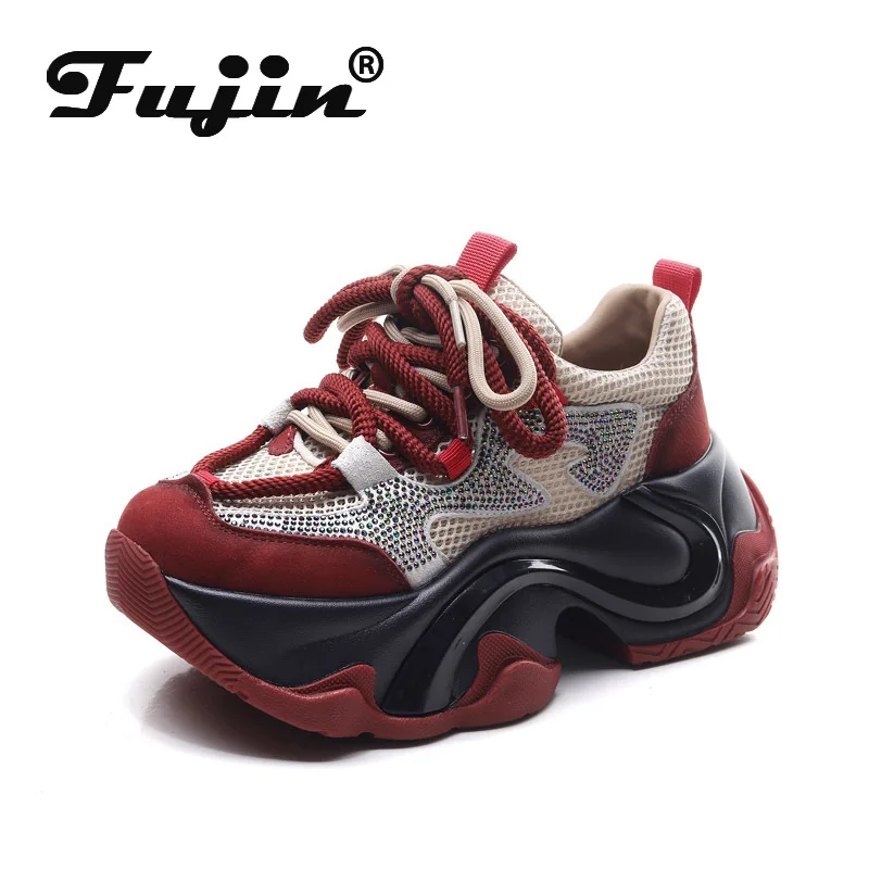 

Fujin 6.5cm Bling Mixed Color Fsahion Ankle Boots Women Comfy Summer Shoes Air Mesh Cow Genuine Leather Pigskin Chunky Sneaker