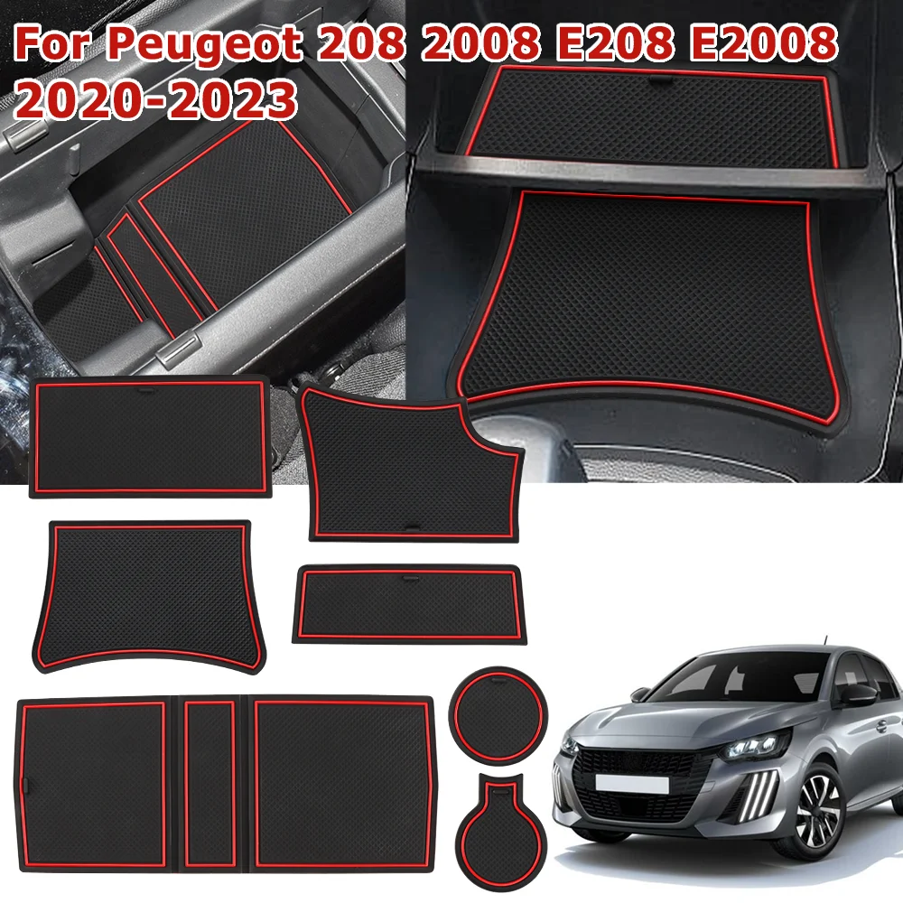 Auto Door Slot Mats for Peugeot 208 2008 E208 E2008 2020 2021 2022 2023 Anti-Slip Car Gate Groove Pads Car Cup Holder Coasters