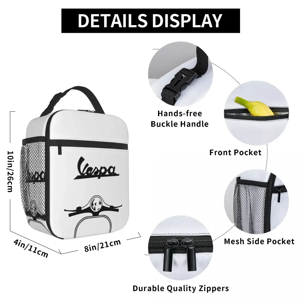 Vespa Piaggio Lunch Bag For Unisex Scooter Mopeds Lunch Box Picnic Portable Zipper Thermal Tote Handbags Oxford Print Cooler Bag