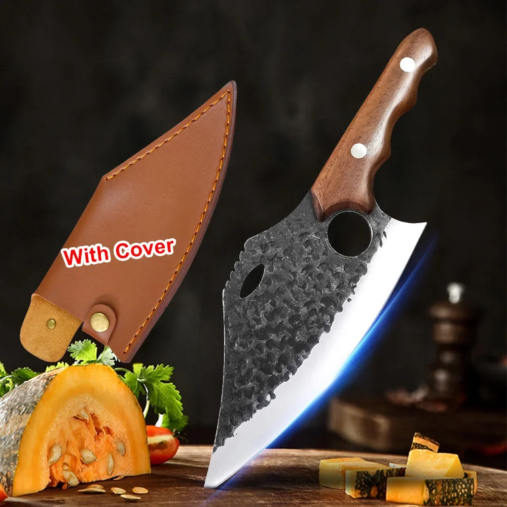 Chinese Knife with Finger Hole Kitchen Knives Cleaver Meat Chopping Vegetables Chef Knife Hand Forged Blade Butcher Boning Knife