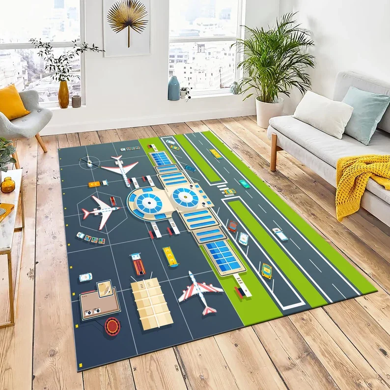 Kids Airport Runway Play Rug Cartoon Plane Print NonSlip Washable Floor Mat for Toddlers Playroom Nursery Airplane Toy Gift
