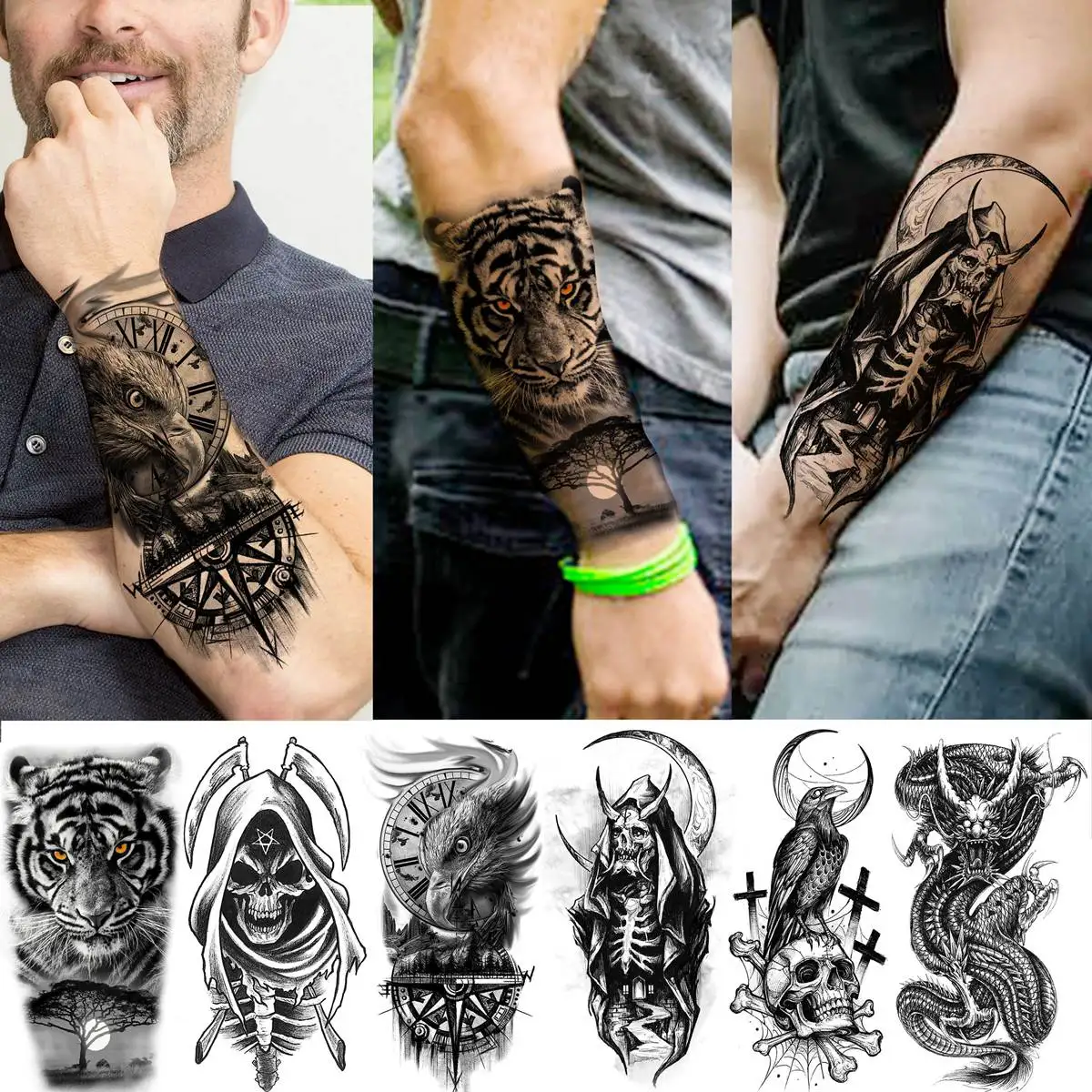 66 Sheets Black Dragon Temporary Tattoos For Adults Men Arm Thigh Tattoos Fake Tiger Lion Devil Skull Tatoos Body Art Painting