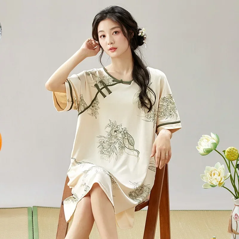 

Chinese Style Nightgowns Women Summer Shorts Sleeve Home Aesthetic Print Sleepwear Casual Soft Loose Lounge Elegant Females Chic